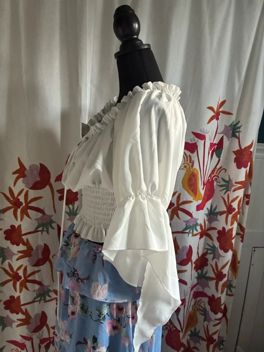 White Smocked Renaissance Peasant Blouse Lace Up with Sleeves XL - Picture 7 of 10